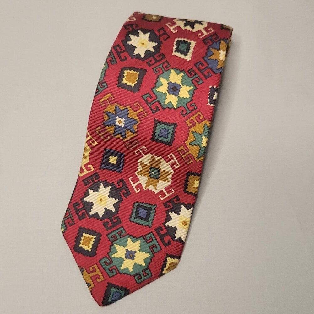 Lands’ End Men’s Red Patterned 100% Silk Woven Necktie Vintage 1990’s USA Geo